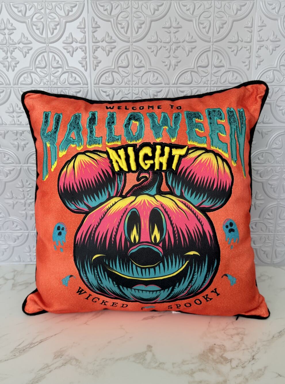 Disney Parks Halloween 2023 Mickey Pumpkin Jack-O'-Lantern Throw Pillow 17" NEW